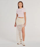 The Boho Beauty High Slit Lace Maxi Skirt in ivory brings edge and energy to your vibe, ready to elevate any festival look or concert outfit.