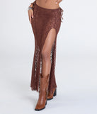 Create bold, fashion-forward looks for summer with the Sheer Romantic High-Rise Slit Lace Maxi Skirt in brown, a must-have piece from Windsor’s collection of stylish bottoms for women.