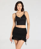 Create bold, fashion-forward looks for spring or summer with the Perfect Match High-Rise Lace Mini Skirt in black, a must-have piece from Windsor’s collection of stylish bottoms for women.