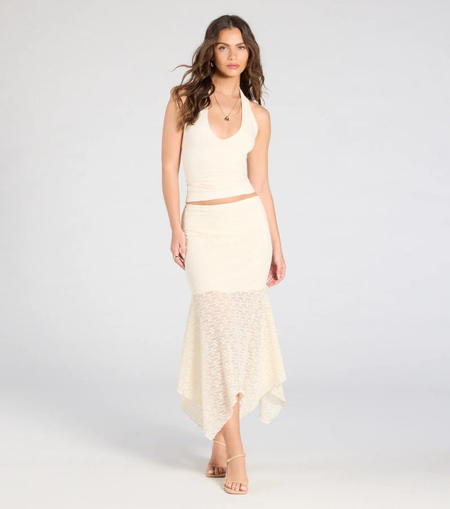 Create bold, fashion-forward looks for summer with the Boho Babe Lace Hanky Hem Maxi Skirt in ivory, a must-have piece from Windsor’s collection of stylish bottoms for women.