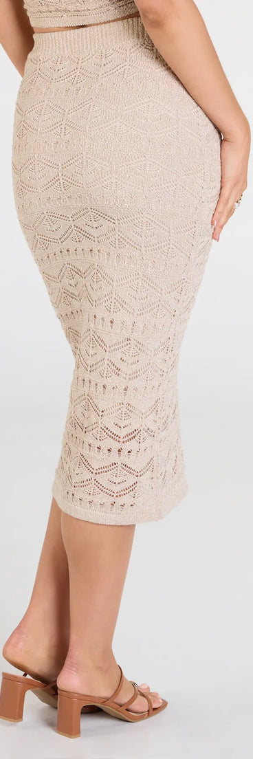 Designed for campus outfits, sleek workwear, and on-the-go moments, the Blissful View Crochet Knit Midi Skirt is a trendy natural bottom for women bringing effortless fall versatility.