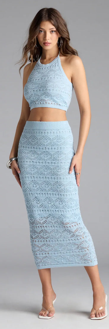 Serve effortless style and scroll-stopping energy in the Blissful View Crochet Knit Midi Skirt, part of a light blue matching clothing set that does the work for you with bold, polished vibes from top to bottom.