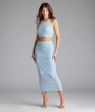 Serve effortless style and scroll-stopping energy in the Blissful View Crochet Knit Midi Skirt, part of a light blue matching clothing set that does the work for you with bold, polished vibes from top to bottom.