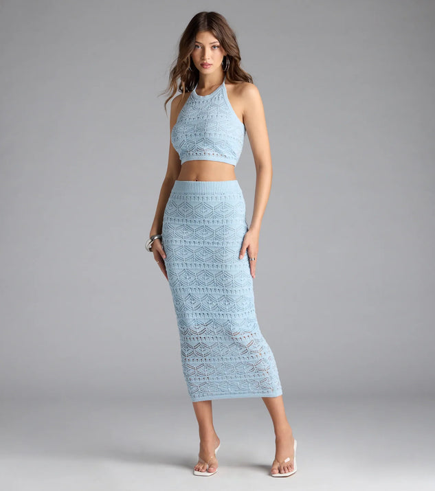 Serve effortless style and scroll-stopping energy in the Blissful View Crochet Knit Midi Skirt, part of a light blue matching clothing set that does the work for you with bold, polished vibes from top to bottom.