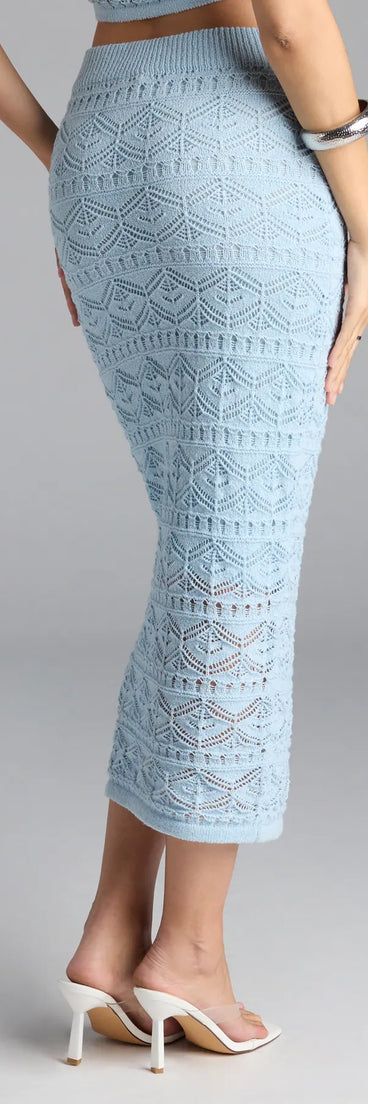 Choosing the light blue skirt says you’re ready to show off in the Blissful View Crochet Knit Midi Skirt, a versatile fall seperate that pairs effortlessly with layers and elevates your cool-weather style.