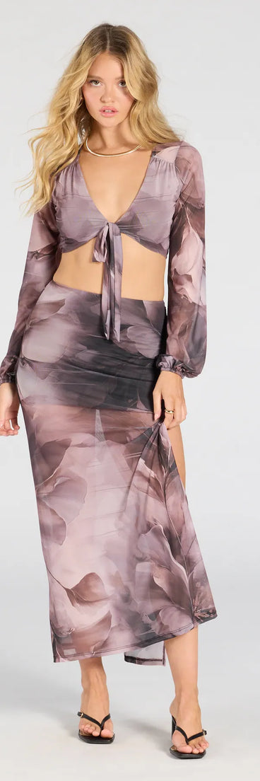 Serve effortless style and scroll-stopping energy in the Heavenly Match Floral Slit Midi Skirt, part of a brown matching clothing set that does the work for you with bold, polished vibes from top to bottom.