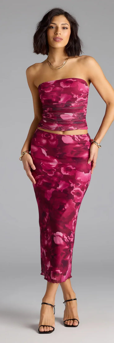 Serve effortless style and scroll-stopping energy in the Sultry Bloom Floral Mesh Maxi Skirt, part of a magenta matching clothing set that does the work for you with bold, polished vibes from top to bottom.