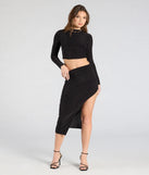 Serve effortless style and scroll-stopping energy in the Bold Staple Ruched Asymmetrical Midi Skirt, part of a black matching clothing set that does the work for you with bold, polished vibes from top to bottom.