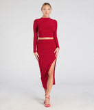 Serve effortless style and scroll-stopping energy in the Bold Staple Ruched Asymmetrical Midi Skirt, part of a red matching clothing set that does the work for you with bold, polished vibes from top to bottom.