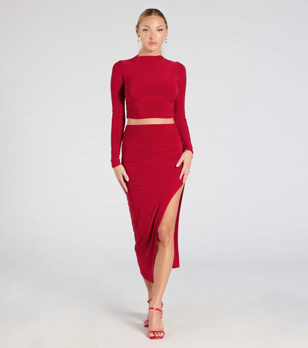 Serve effortless style and scroll-stopping energy in the Bold Staple Ruched Asymmetrical Midi Skirt, part of a red matching clothing set that does the work for you with bold, polished vibes from top to bottom.