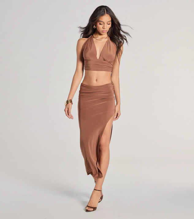 Complete your summer wardrobe with the The One High-Rise Slit Maxi Skirt, a trendy skirt in brown made to mix, match, and stand out.