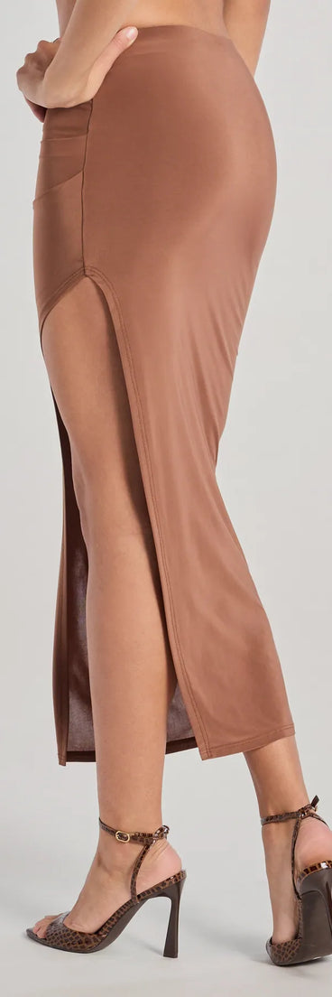 Look instantly put-together in the The One High-Rise Slit Maxi Skirt, part of a matching brown clothing set designed for chic, no-fuss fall outfits.