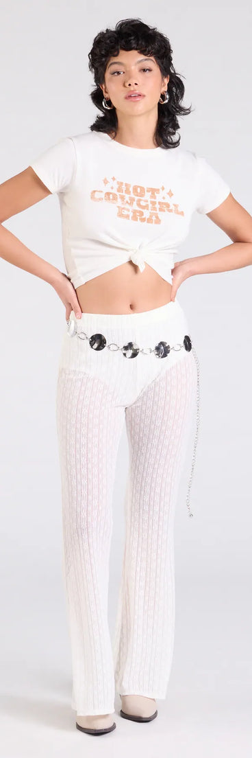 Create bold, fashion-forward looks for any event or for your page with the Bohemian Chic Sheer Lace Flare Pants in ivory, a must-have piece from Windsor’s collection of stylish bottoms for women.