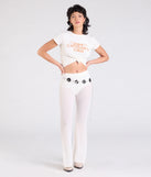 Create bold, fashion-forward looks for spring or summer with the Bohemian Chic Sheer Lace Flare Pants in ivory, a must-have piece from Windsor’s collection of stylish bottoms for women.