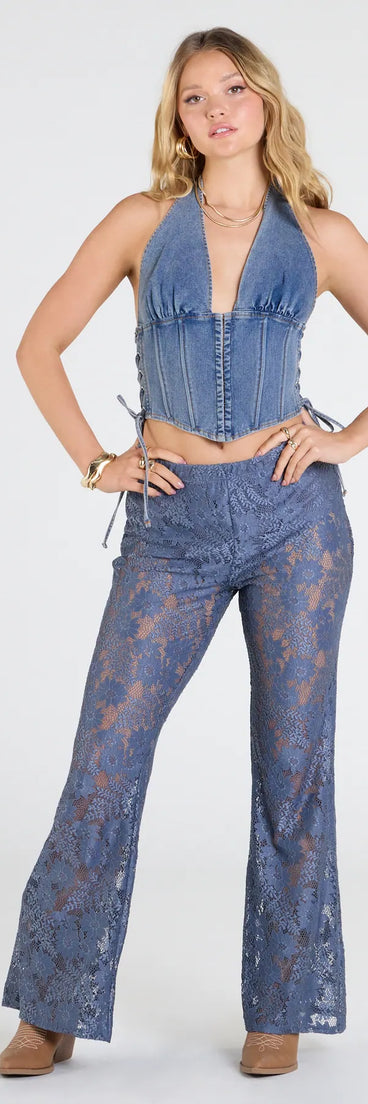 Create bold, fashion-forward looks for any event or for your page with the Sultry Boho Crochet Lace Flare Pants in blue, a must-have piece from Windsor’s collection of stylish bottoms for women.