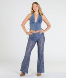 Create bold, fashion-forward looks for spring or summer with the Sultry Boho Crochet Lace Flare Pants in blue, a must-have piece from Windsor’s collection of stylish bottoms for women.