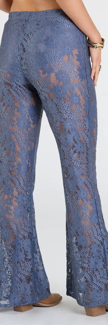 Stay polished and comfortable in the Sultry Boho Crochet Lace Flare Pants, trendy blue pants for women that transition from everyday looks to weekend slay.