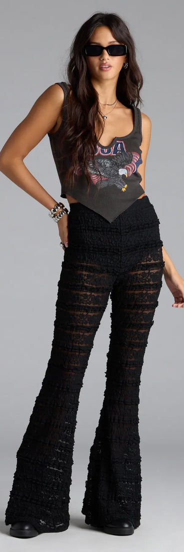 Choosing black pants means the Make A Statement Sheer Lace Flare Pants are your new power move—polished enough for plans, bold enough for the gram.