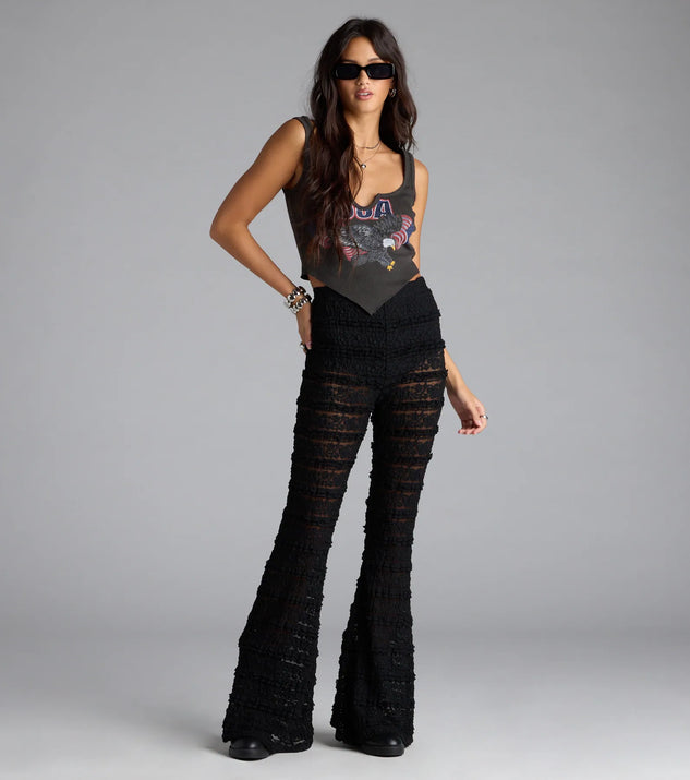 Choosing black pants means the Make A Statement Sheer Lace Flare Pants are your new power move—polished enough for plans, bold enough for the gram.