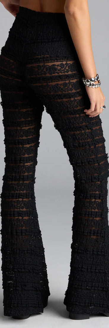 Stay polished and comfortable in the Make A Statement Sheer Lace Flare Pants, trendy black pants for women that transition from everyday looks to weekend slay.