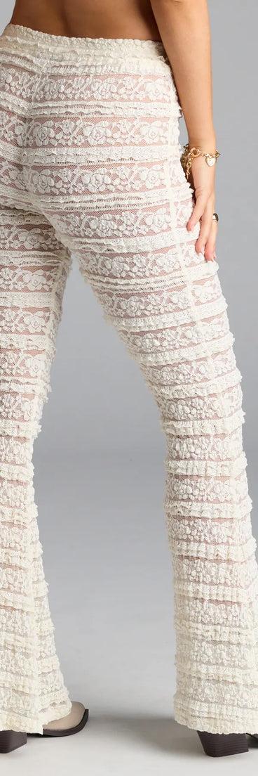 Stay polished and comfortable in the Make A Statement Sheer Lace Flare Pants, trendy ivory pants for women that transition from everyday looks to weekend slay.