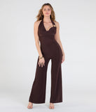 Create bold, fashion-forward looks for spring or summer with the Dinner At Sunset Open Back Wide-Leg Jumpsuit in brown, a must-have piece from Windsor’s collection of stylish bottoms for women.