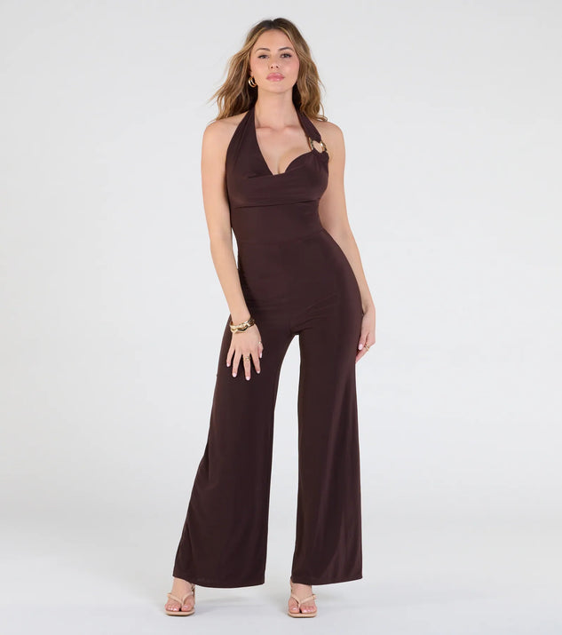 Create bold, fashion-forward looks for spring or summer with the Dinner At Sunset Open Back Wide-Leg Jumpsuit in brown, a must-have piece from Windsor’s collection of stylish bottoms for women.