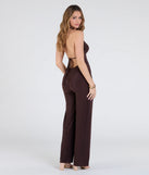 Create bold, fashion-forward looks for spring or summer with the Dinner At Sunset Open Back Wide-Leg Jumpsuit in brown, a must-have piece from Windsor’s collection of stylish bottoms for women.