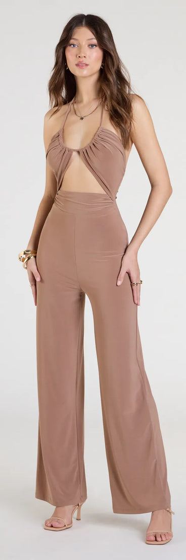 Pair the Let's Vacay Halter Cutout Wide-Leg Jumpsuit with your favorite sandals or sneakers for effortless fall outfits with on-trend mocha brown jumpsuits that speak your style.