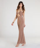 Pair the Let's Vacay Halter Cutout Wide-Leg Jumpsuit with your favorite sandals or sneakers for effortless warm-weather looks with on-trend mocha brown jumpsuits that speak your style.