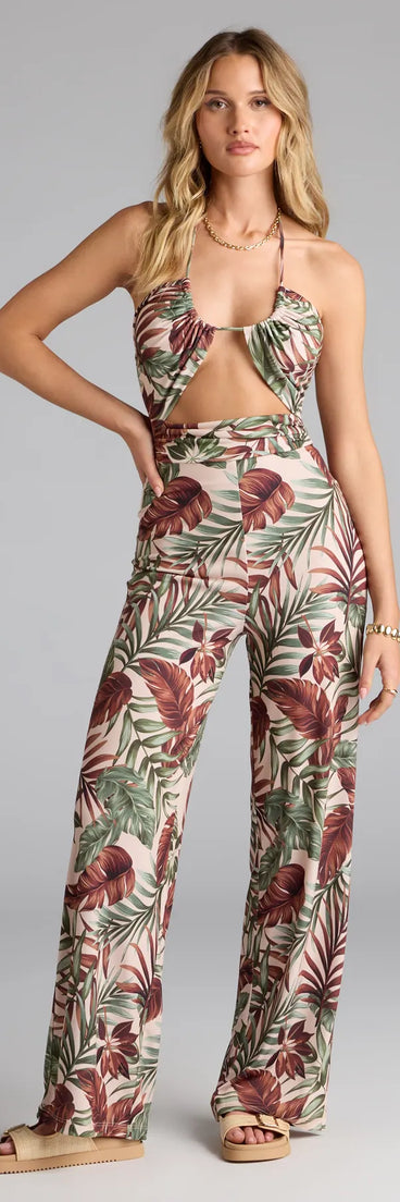 Choosing a taupe jumpsuit like the Vacay Mood Tropical Print Halter Cutout Jumpsuit means you’re ready for anything—no outfit planning needed, just style, go, and glow.