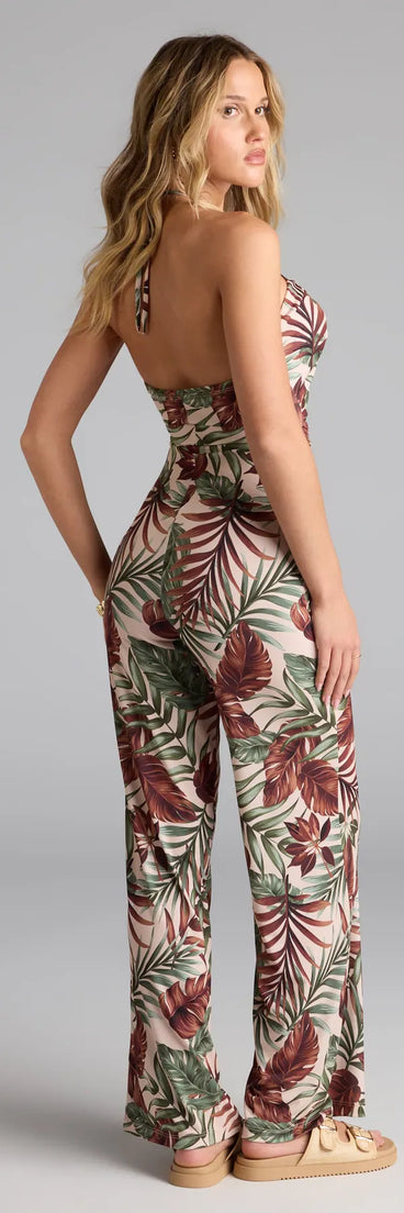 Step out in the Vacay Mood Tropical Print Halter Cutout Jumpsuit, a taupe jumpsuit made to elevate your vibe from brunch to after-dark plans with ease and polish.