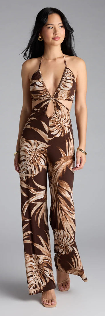 Pack light and style smarter in the Tropic Time Halter Cutout Wide-Leg Jumpsuit, a brown vacation outfit essential that blends breezy comfort with destination-ready detail.