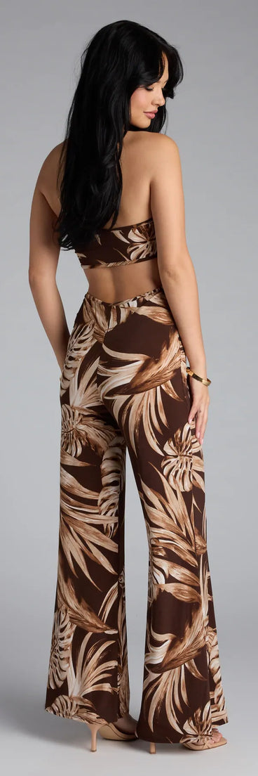 Elevate your look with the Tropic Time Halter Cutout Wide-Leg Jumpsuit, a chic brown jumpsuit that delivers effortless polish for dinners, events, or date nights.