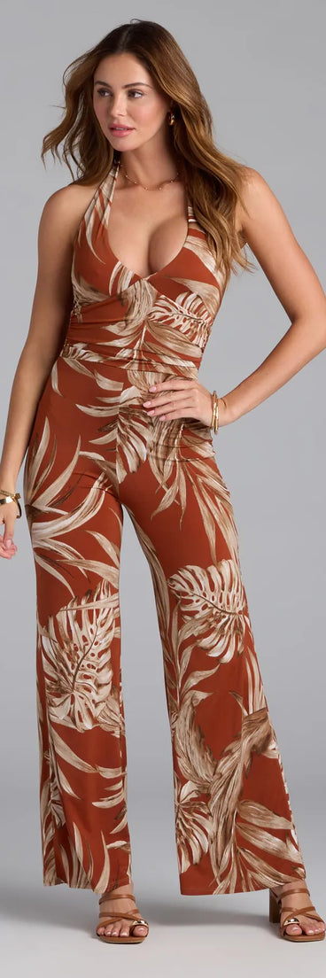 Elevate your look with the Sunny POV Tropical Print Jumpsuit, a chic rust jumpsuit that delivers effortless polish for dinners, events, or date nights.