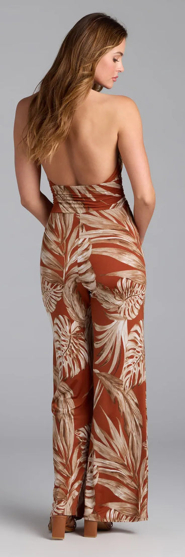 Stay polished and comfortable in the Sunny POV Tropical Print Jumpsuit, trendy rust pants for women that transition from everyday looks to weekend slay.