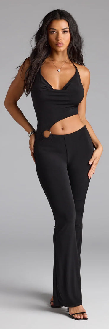 Step out in the Sultry Heat Cowl Halter Cutout Jumpsuit, a black jumpsuit made to elevate your vibe from brunch to after-dark plans with ease and polish.