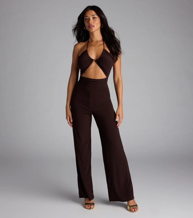 Pack light and style smarter in the Sleek And Sultry Halter Jumpsuit, a brown vacation outfit essential that blends breezy comfort with destination-ready detail.