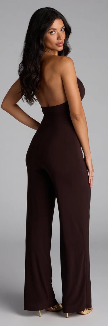 Elevate your look with the Sleek And Sultry Halter Jumpsuit, a chic brown jumpsuit that delivers effortless polish for dinners, events, or date nights.