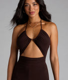 Stay polished and comfortable in the Sleek And Sultry Halter Jumpsuit, trendy brown pants for women that transition from everyday looks to weekend slay.