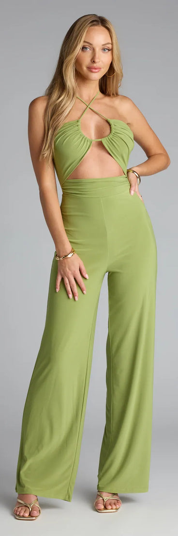 Style up your rotation with the Sleek And Sultry Halter Jumpsuit, a trendy chartreuse jumpsuit made to anchor every outfit with attitude and ease.
