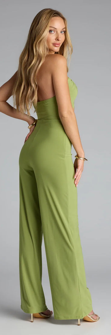 Stay polished and comfortable in the Sleek And Sultry Halter Jumpsuit, trendy chartreuse pants for women that transition from everyday looks to weekend slay.