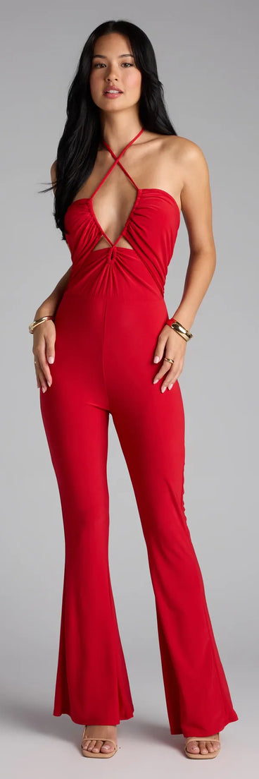 Style up your rotation with the Sultry Girl Halter Cutout Jumpsuit, a trendy red jumpsuit made to anchor every outfit with attitude and ease.