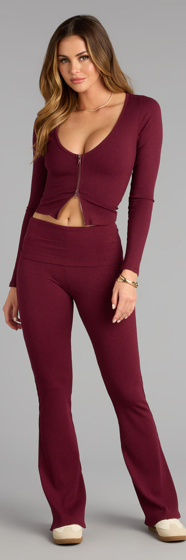 Make a fall statement in def7e0b0-4556-4e30-8dab tones that highlight the Chill Time Rib Knit Flare Pants as a must-have among fall bottoms for women.