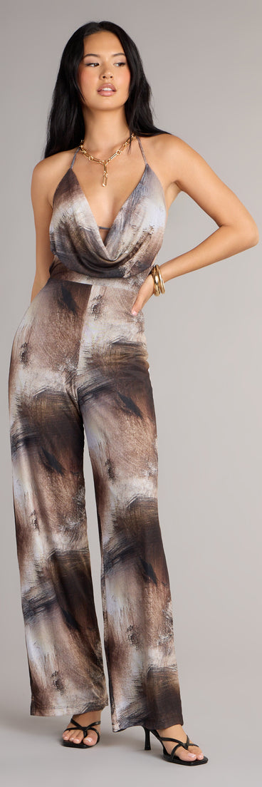 Make a fall statement in the Abstract Attitude Wide-Leg Jumpsuit, a closet must-have among fall bottoms for women.