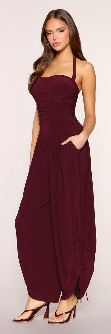 Cinch Move Halter Ruched Wide Leg Jumpsuit