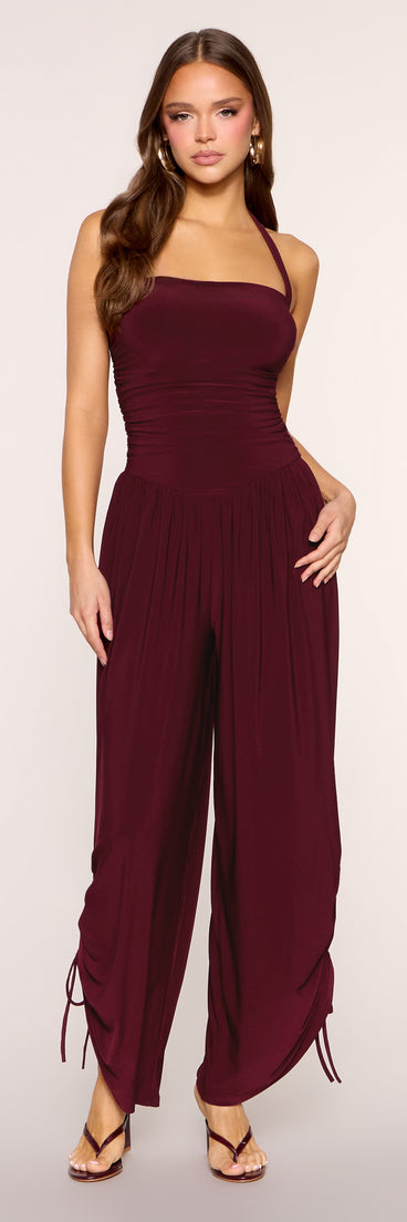 Cinch Move Halter Ruched Wide Leg Jumpsuit