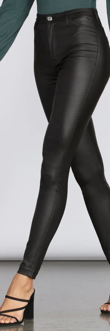 High Rise Coated Faux Leather Skinny Pants