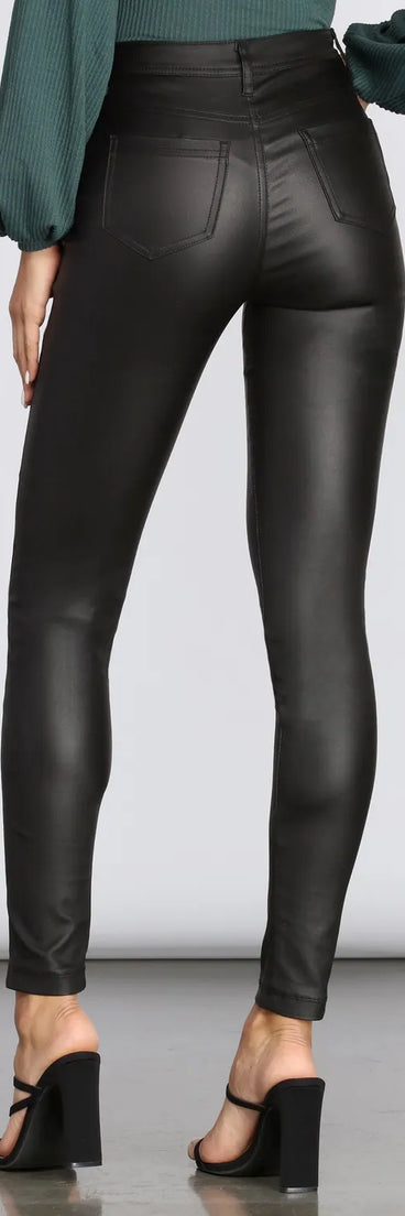 High Rise Coated Faux Leather Skinny Pants