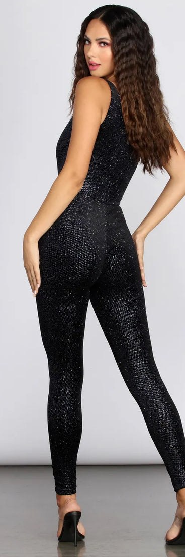 One Shoulder Glitter Jumpsuit